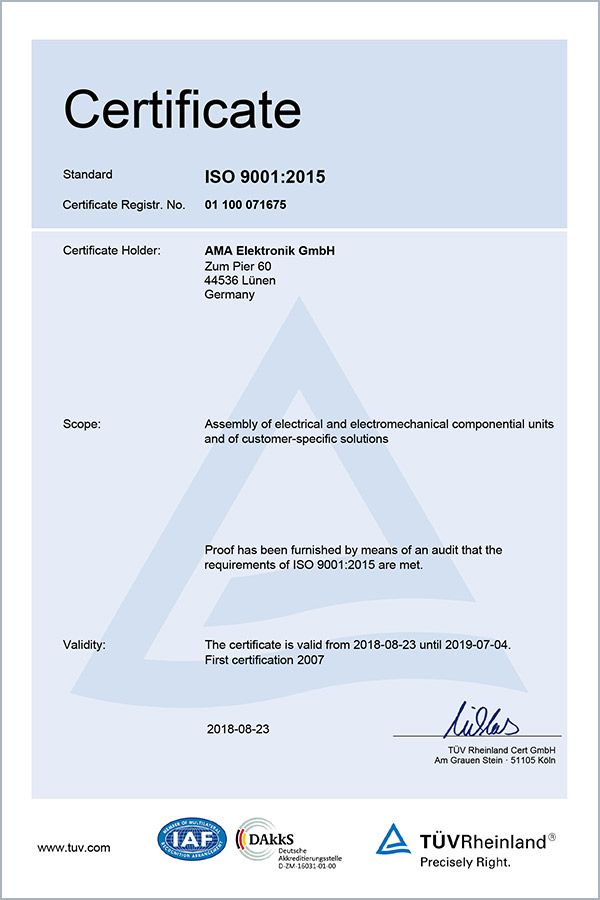 Foto: Qualitätssicherung von AMA Elektronik ist zertifiziert nach DIN EN ISO 9001:2015 